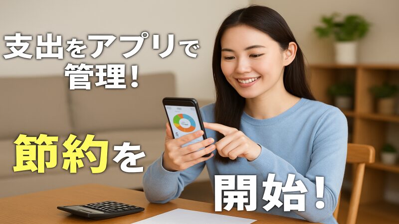 アプリで支出を管理する女性がスマートフォンを見ながら笑顔で節約を始めている様子。テーブルには電卓と紙が置かれており、テキストには『支出をアプリで管理!節約を開始!』と書かれている。