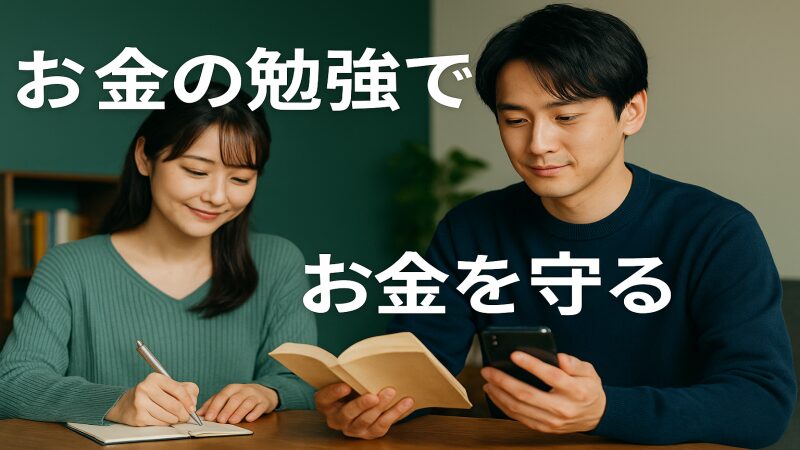 若い男女が机で本とノートを使ってお金の勉強をしている様子。男性はスマホと本を手に、女性はノートにメモを取りながら学習中。背景には観葉植物と本棚があり、テキストには『お金の勉強で お金を守る』と書かれている。
