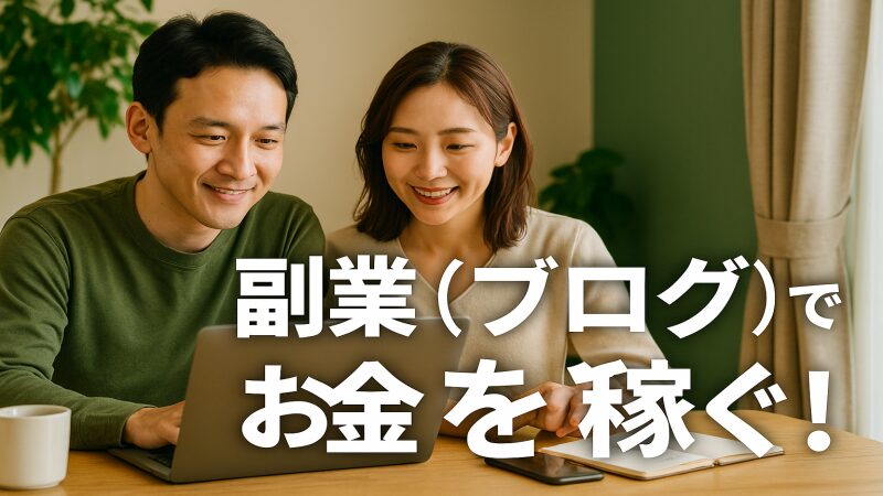 自宅のテーブルでノートパソコンを使いながら副業ブログに取り組む若いカップル。楽しそうに画面を見つめ、手元にはコーヒーやメモ帳が置かれている。画像には『副業(ブログ)でお金を稼ぐ!』というテキストが表示されている。