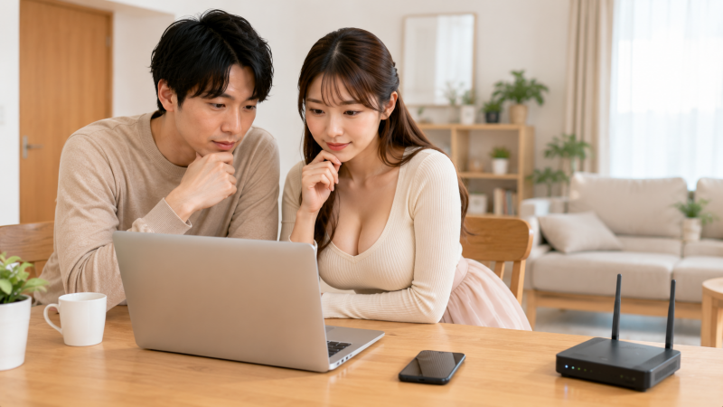光コラボの仕組みを調べながらネット回線を比較する夫婦
