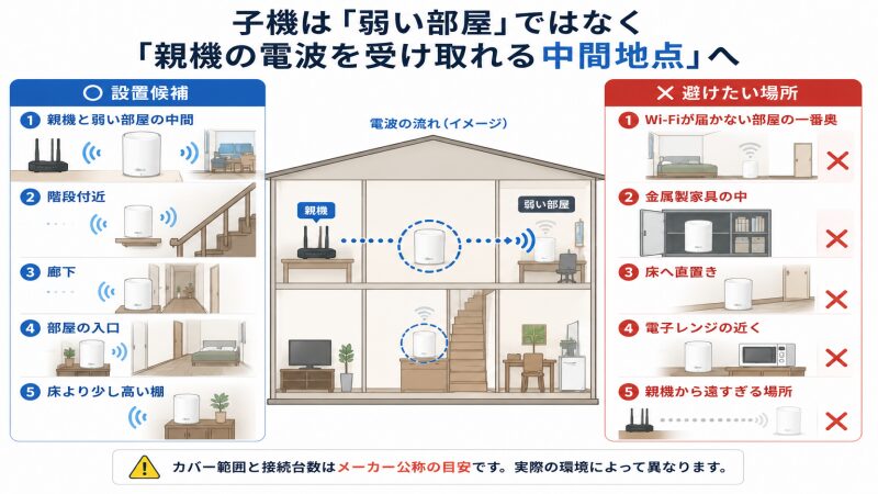Deco X50の子機を置く候補と避けたい設置場所