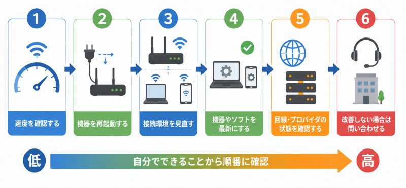 再測定→有線比較→ルーター→LANケーブル→回線の判断フロー