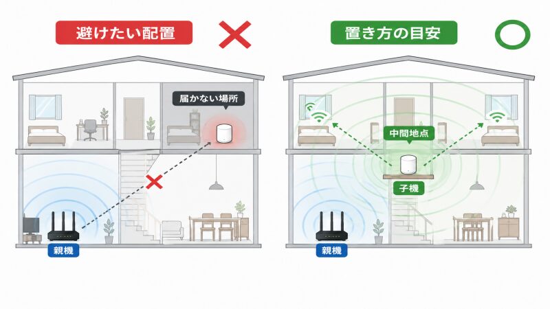 メッシュWi-Fiの子機を電波が届く中間地点に設置する例