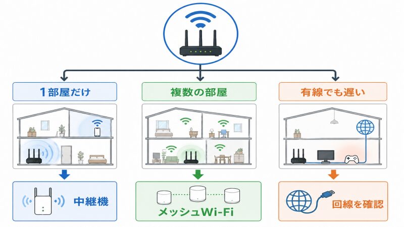Wi-Fiが弱い場所に応じて中継機・メッシュWi-Fi・回線確認を選ぶ流れ