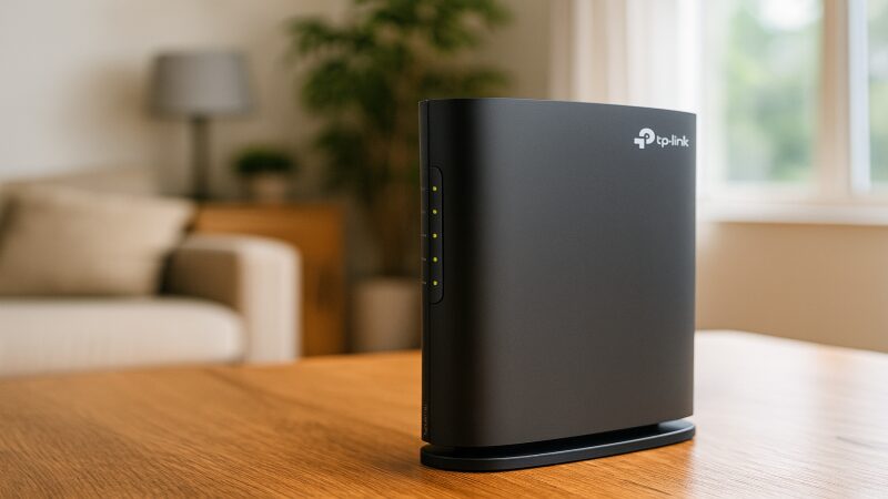 日中の明るいリビングで、木製のテーブルの上に置かれた黒いTP-LinkのWi-Fiルーター。背景にはベージュのソファや観葉植物があり、自然光が差し込んでいる落ち着いた室内の様子。
