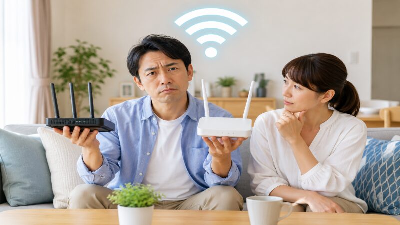 Wi-Fiルーターの買い替えを家族で相談しているイメージ