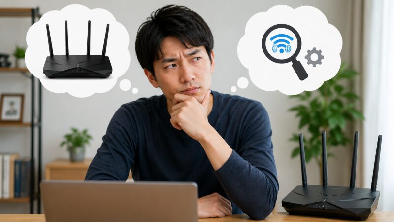 Wi-Fiの不調について考えている男性のイメージ