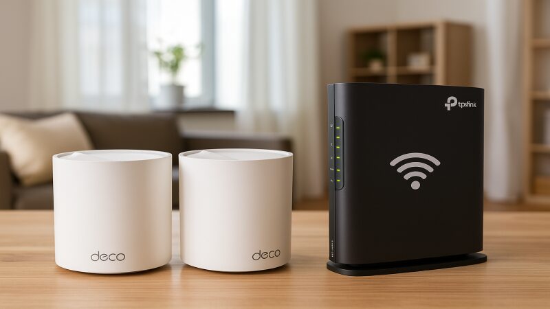 日中の明るいリビングで、木製のテーブルの上に2台の異なるWi-Fiルーターが左右に並べられている。左には白く丸みのあるデザインのルーター、右には黒く縦長のルーターが置かれており、背景には観葉植物と自然光が差し込む窓が見える。