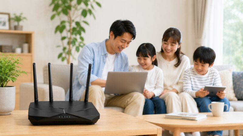 日中リビングでPCやタブレットを使用している家族
