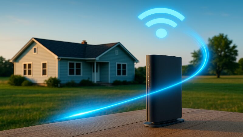青いネットワークの光が田舎の一軒家に向かって流れ込む様子を描いた写真風の画像。家の外にはルーターが設置されており、明るい日中の自然に囲まれた風景の中で、高速インターネット接続を連想させる演出が施されている。
