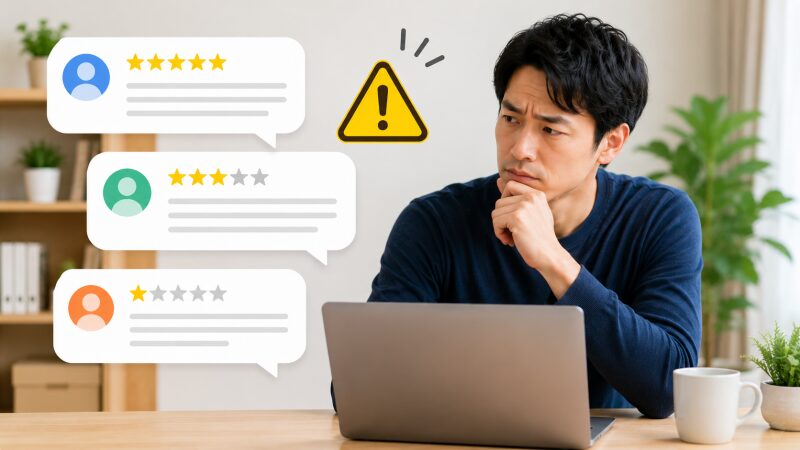 Wi-Fiルーターの購入者レビューを確認している男性のイメージ