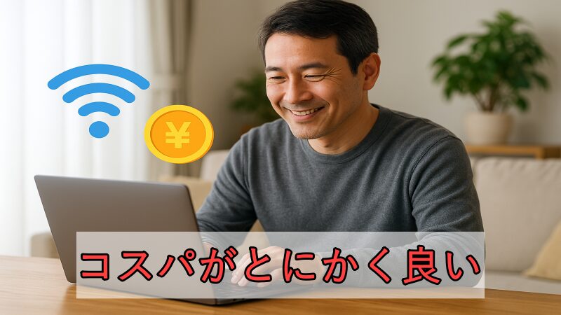 日中の明るいリビングで、木製のテーブルに座りノートパソコンの画面を見ながら微笑む40歳の日本人男性。左斜めから見た構図で、画面上にはWi-Fiのアイコンと円マークを模したお金のシンボルが重ねて表示されている。