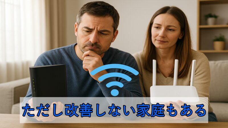 DALL · E3 の発言：

✅ alt属性（代替テキスト）は以下をご使用ください：

alt="日中の明るいリビングで、40歳の日本人男性が正面を向いて両手に異なるWi-Fiルーターを持ち、考えるような表情をしている。隣には妻が座っており、2人で相談している様子。画面上部にはWi-Fiのアイコンが表示されている。