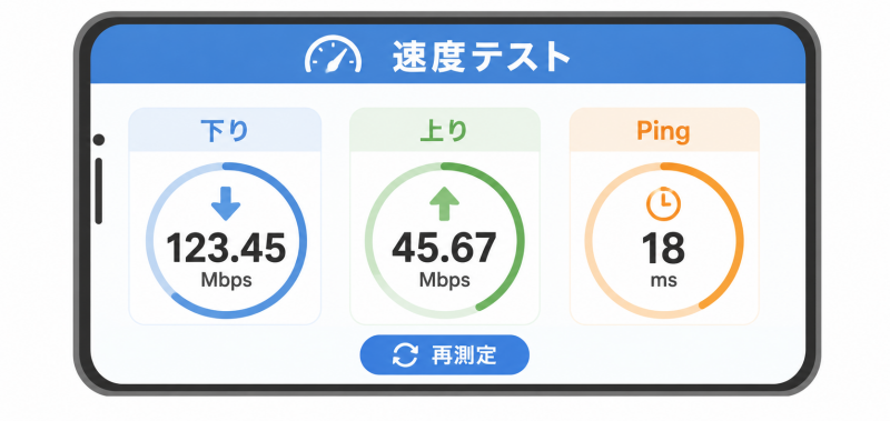 速度テストで下り・上り・Pingを確認する画面