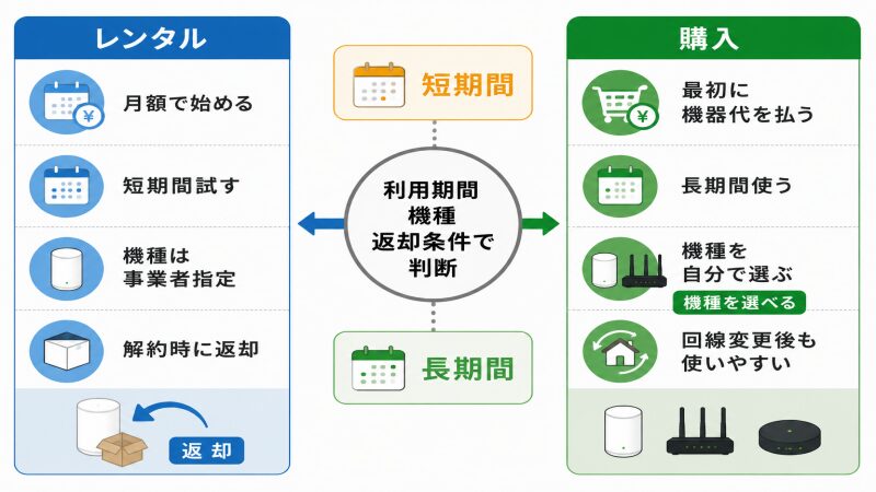 メッシュWi-Fiのレンタルと購入を利用期間や機種の選択で比較する図
