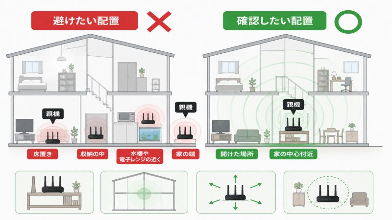 メッシュWi-Fi親機の避けたい設置場所と確認したい設置場所