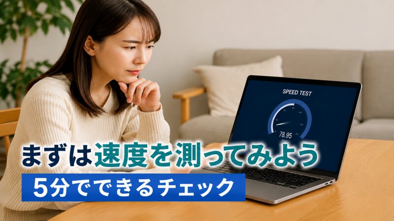 ノートPCでネット回線のスピードテストをしている女性