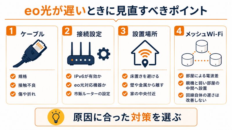eo光が遅いときにLANケーブル・IPv6・ルーター設置・メッシュWi-Fiを確認する図