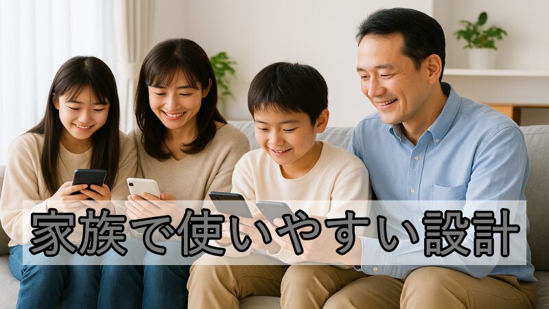 明るいリビングのソファに座ってスマートフォンを見ている日本人の家族4人（父・母・娘・息子）。全員が楽しそうにスマホを操作しており、背景には観葉植物と白いカーテンが映る落ち着いた室内。